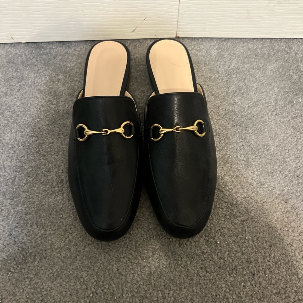 Black Mules with Gold Buckle